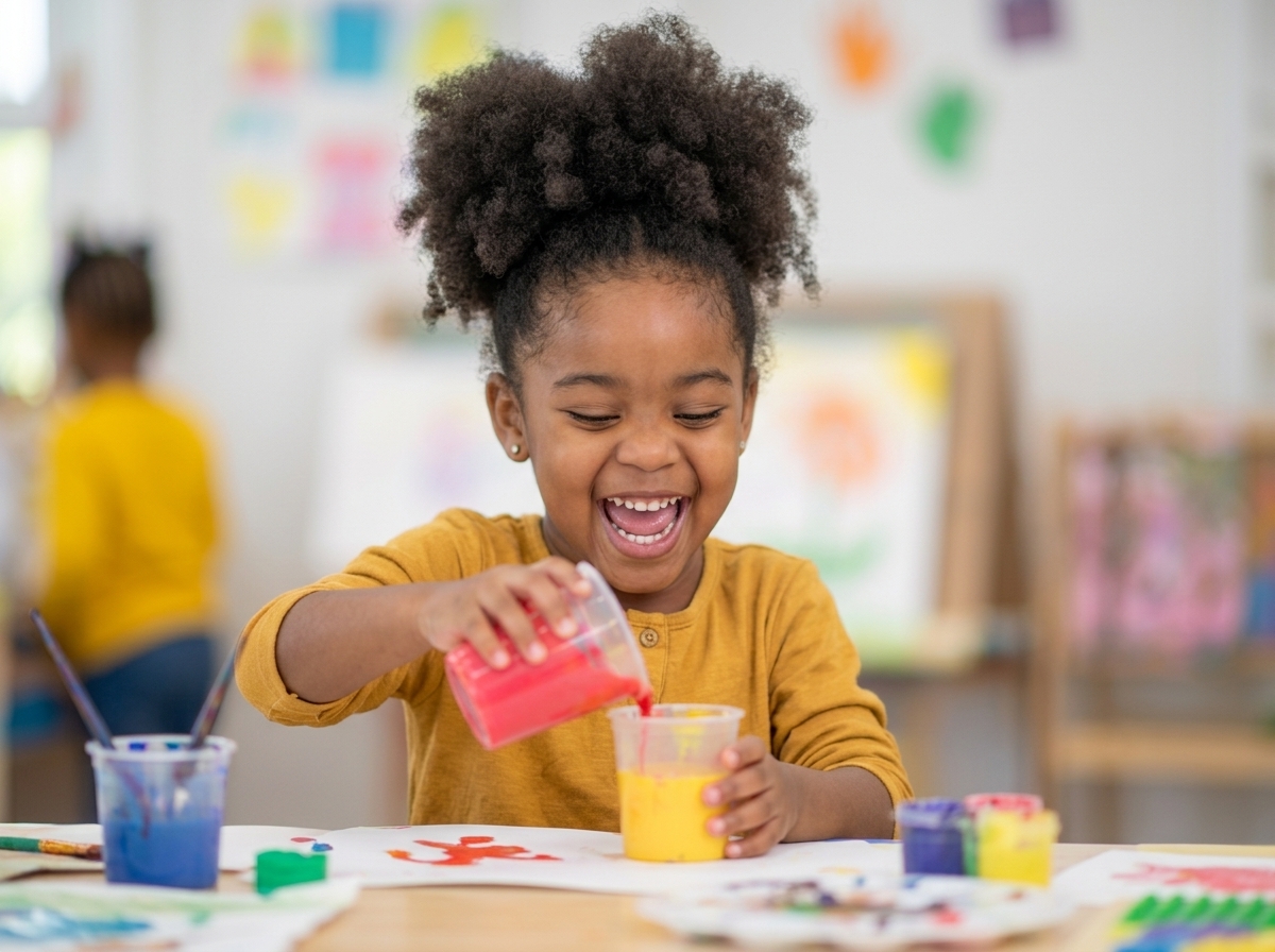 Preschool girl laughing while pouring red paint during an art activity