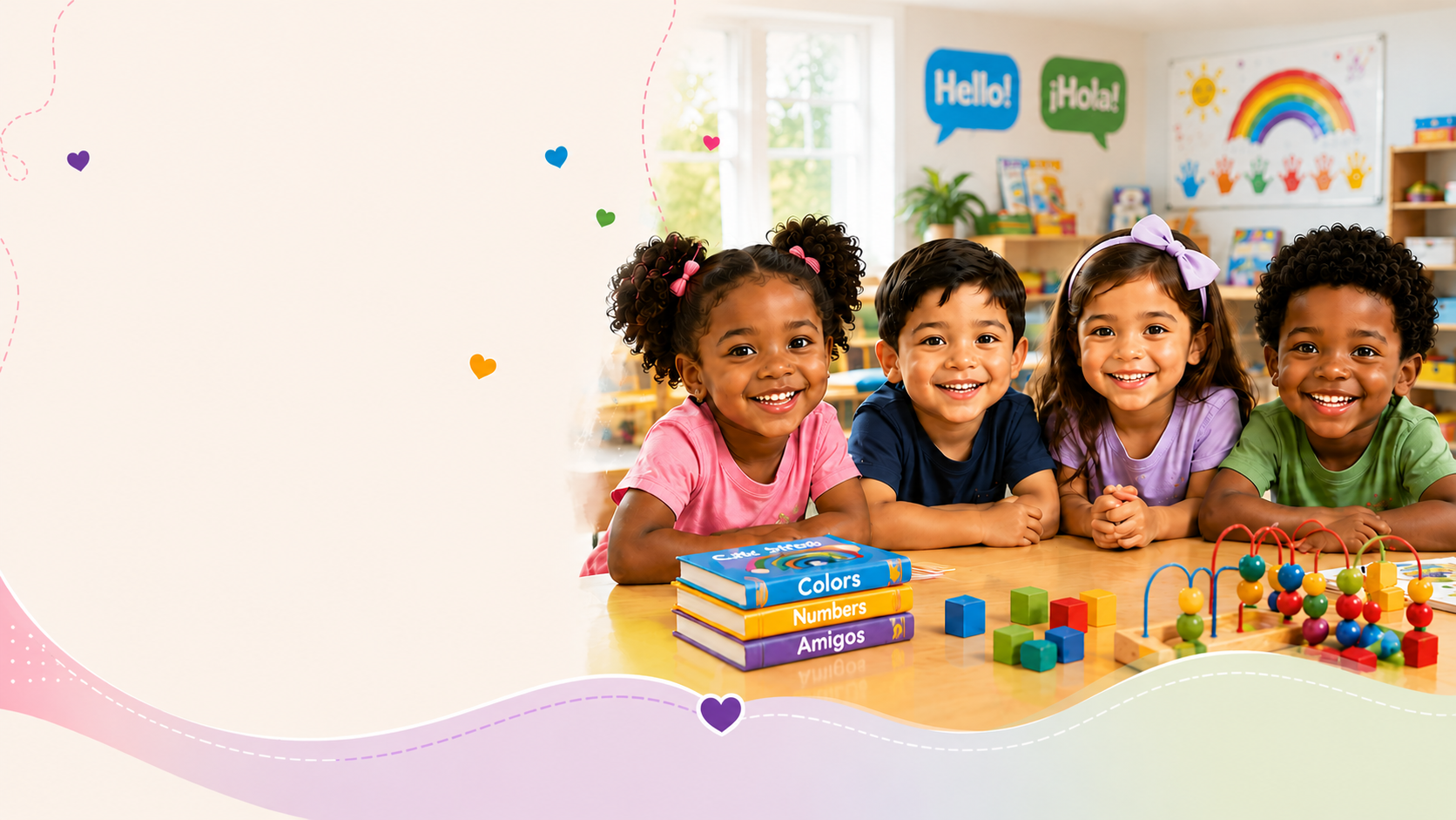 Four smiling children at a classroom table with bilingual books, blocks and a bead maze at Sela Daycare