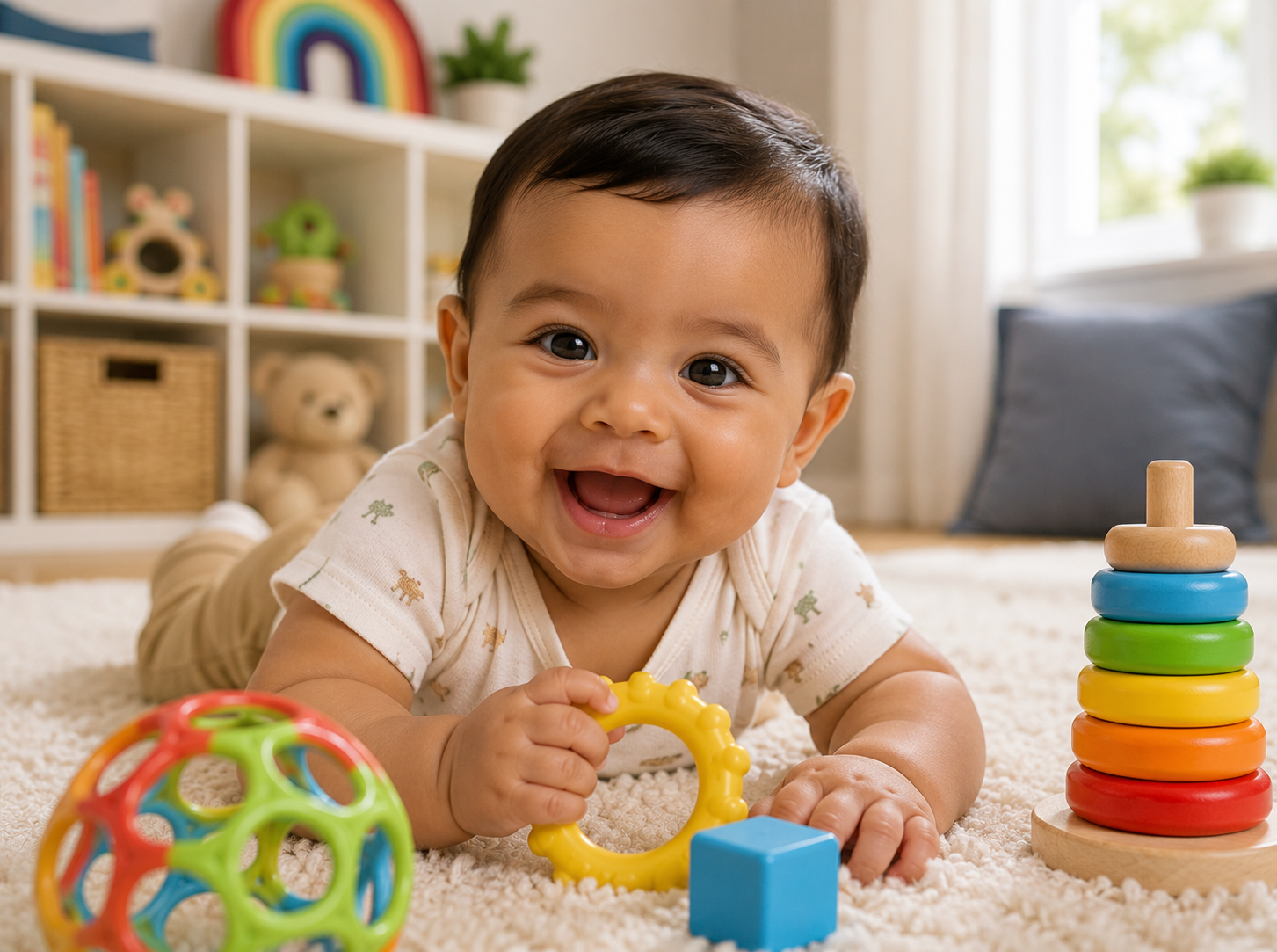 Happy baby playing with colorful toys on a soft rug in a cozy daycare room